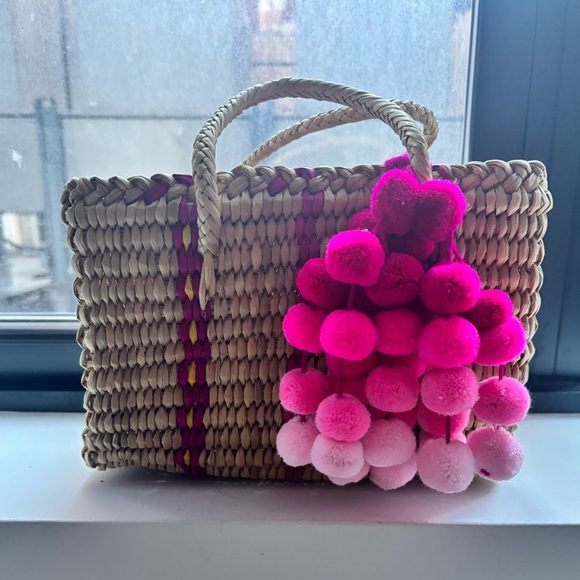 NANNACAY Maldives Baby Pompom Embellished
Woven Raffia Tote Handle Basket Bag - Picture 4 of 9